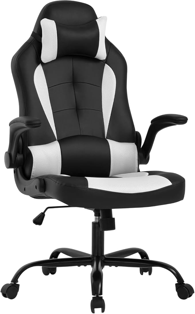 Gaming Chair High Back Computer Chair Egonomic Office Chair PU Leather Video Game Chairs Swivel Executive Chairwith Flip Up Arm Headrest Racing Chairs Rolling Chair for Adults White