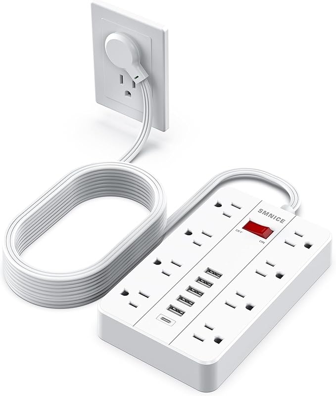 Flat Plug Extension Cord 15 Ft SMNICE Surge Protector Power Strip with 8 Widely Spaced Outlets and 6 USB(1USB C) Ports Wall Mount Long Charging Station for Dorm Home Office Accessories White