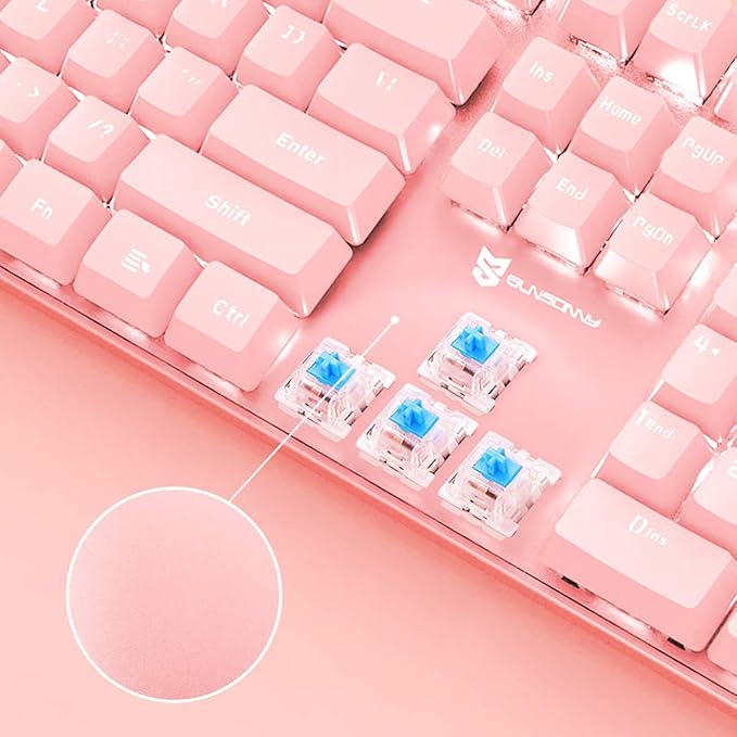 Full Size Wired Mechanical Gaming Pink Keyboard | Blue Switch 104 Keys US Layout Full Size Pink PC Gaming Keyboards | Hot Swappable LED Backlit Light Up Wired Mechanical Computer Keyboards