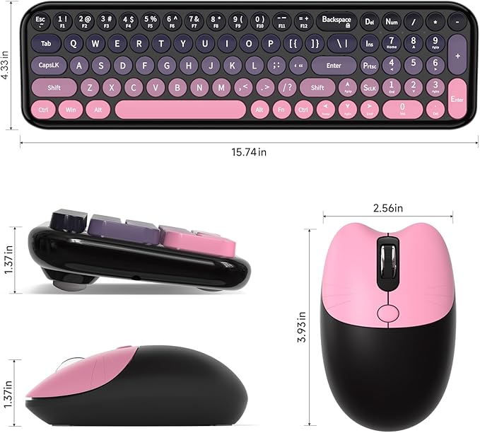 Wireless Keyboard and Mouse Combo MOWUX Compact Typewriter Retro Round Computer Keyboard Cute Optical Mouse Wireless Plug and Play for Laptop PC Computer- Plum Pink Gradient