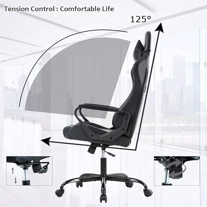 Gaming Chair Office Chair Computer Racing Chair Ergonomic Video Game Chairs for Adult Kids Teen Height Adjustable Reclining Chair with Lumbar Support Armrest Headrest Swivel Chair Black