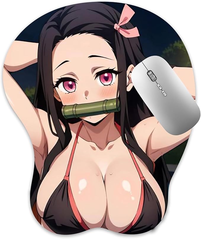 3D Mouse Pad Oppai Mousepad with Soft Gel Wrist Rest Anime Manga Gaming Boob pad Anti-Slip Mouse Mat （Nezuk ）