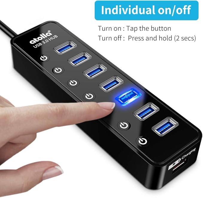 Powered USB Hub 3.0 Atolla 7-Port USB Data Hub Splitter with One Smart Charging Port and Individual On/Off Switches and 5V/4A Power Adapter USB Extension for MacBook Mac Pro/Mini and More.