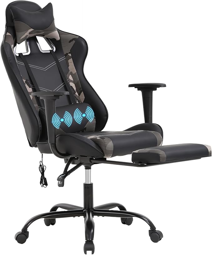 PayLessHere Racing Gaming Chair Office Massage Chair Ergonomic Recliner with Computer Desk PU Leather Lumbar Support Footrest Rolling Swivel and Task Function Ultimate Comfort for Adults (Camo)