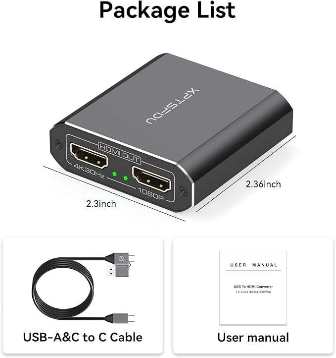 USB to Dual HDMI Splitter DisplayLink Adapter HDMI Splitter for Dual Monitors with Extended Display 4K@30Hz and 1080P@60Hz Output for Windows Mac Vista