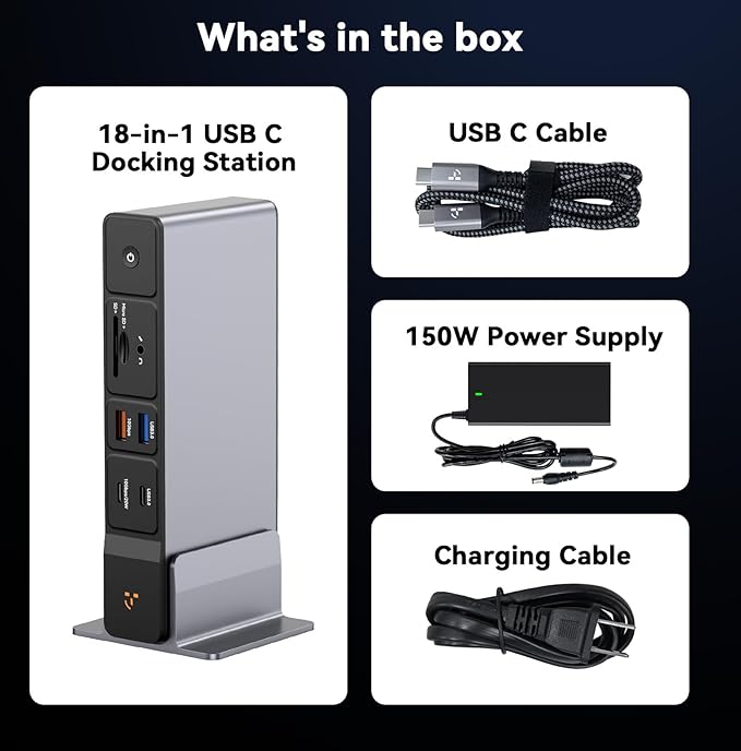 TobenONE USB C Docking Station 3 Monitors 18-in-1 Triple 4K Display 150W Power Adapter with 20W Fast Charging 8 USB Ports up to 10Gbps 2 HDMI/DP/USB C for Windows/Chrome OS