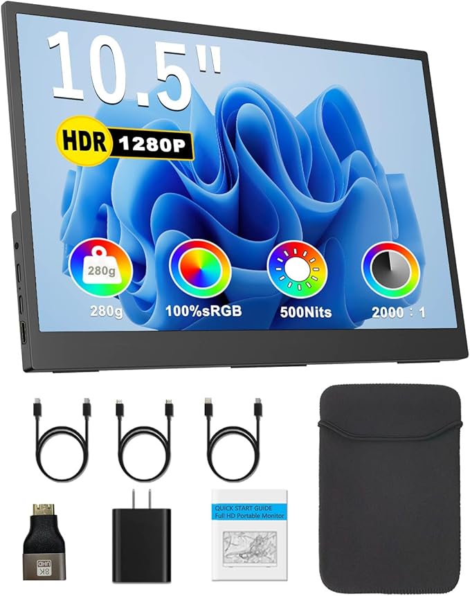 Portable Monitor 10.5'' 1920x1280 Second External Monitor for Laptop 3:2100％sRGBw/45° Adjustable StandHDMI USB-C Computer Display for Laptop PC Phone Mac