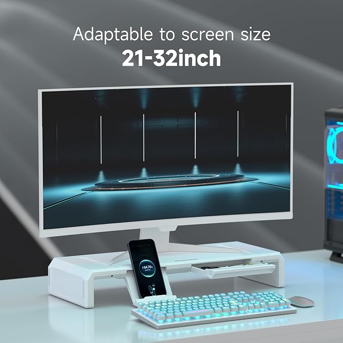 Heymaster Monitor Stand Riser Foldable Computer Monitor Riser Adjustable Length Computer Stand Desk Shelf Riser with Storage Drawer &ampTablet Phone Stand for Desktop Laptop