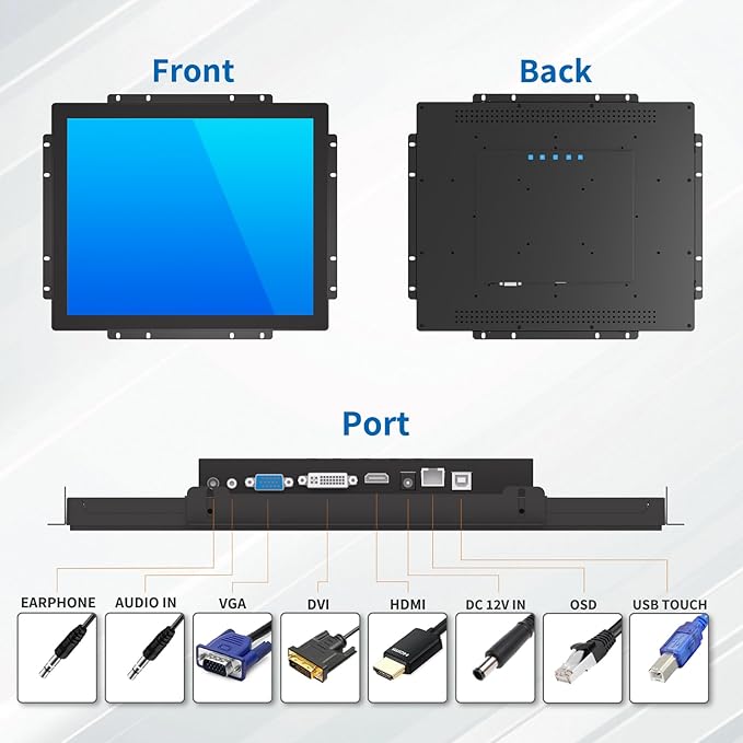 17 Inch Open Frame Touch Monitor PCAP 10-Point Touch Industrial Touchscreen Monitor with HDMI/VGA/DVI Interface Active Matrix TFT LCDLED Backlight with VESA Mount