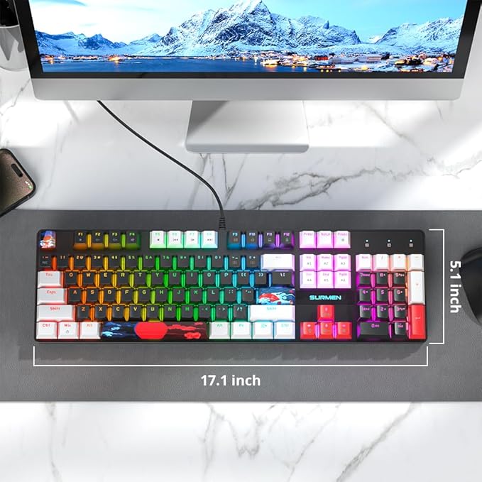 RGB Gaming Keyboard 104-Key Wired Mechanical Keyboard Creamy with Number Pad Linear Red Switch NKRO Full Size for Windows Laptop PC Gamer