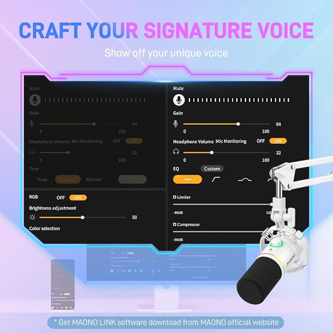MAONO XLR/USB Dynamic Microphone RGB Gaming Mic with Software Mute Gain Knob Volume Control and Headphone Jack for Streaming Podcasting Recording-PD200X (White)