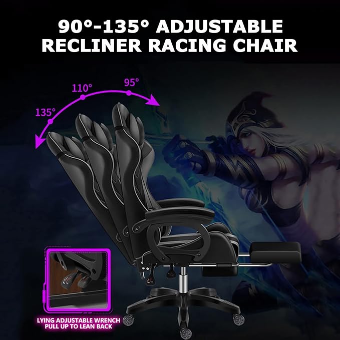RGB Computer Chair with Footrest Full Massage Gaming Chair with Speakers Video Game Chair with Lumbar Support Headrest PU Leather 360°Swivel Recliner Chair High Back Office Chair for GamingPink