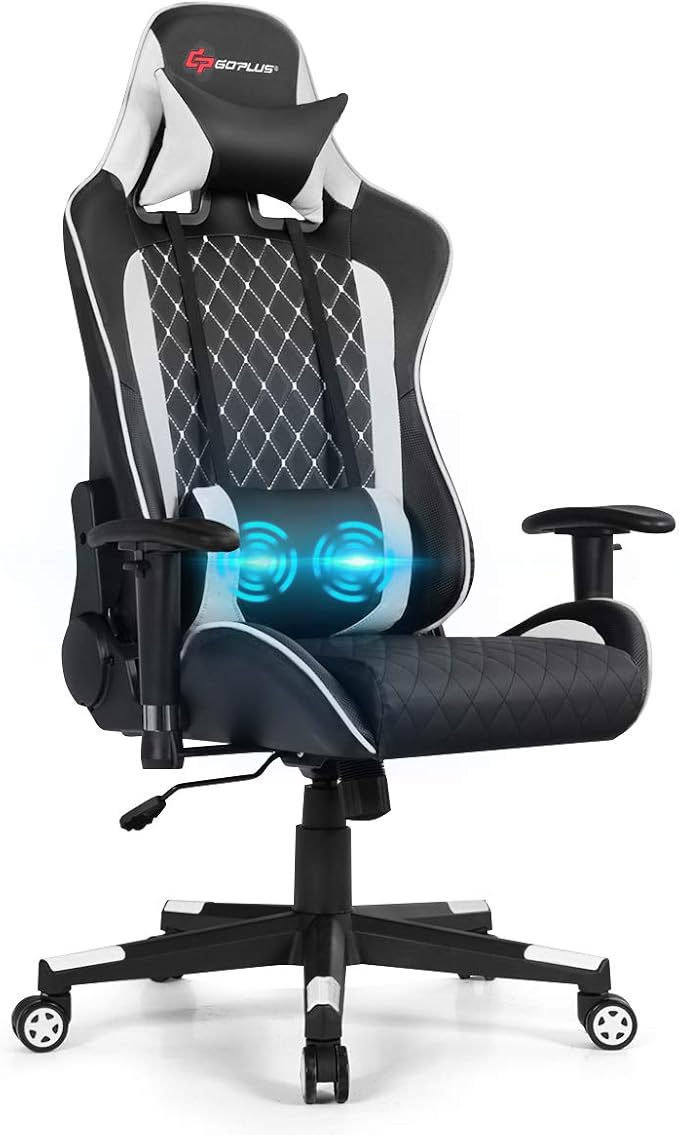 POWERSTONE Gaming Chair Gaming Recliner with Adjustable Armrest Massage Lumbar Pillow Wide Cushion Ergonomic Office Computer Chair for Adults White