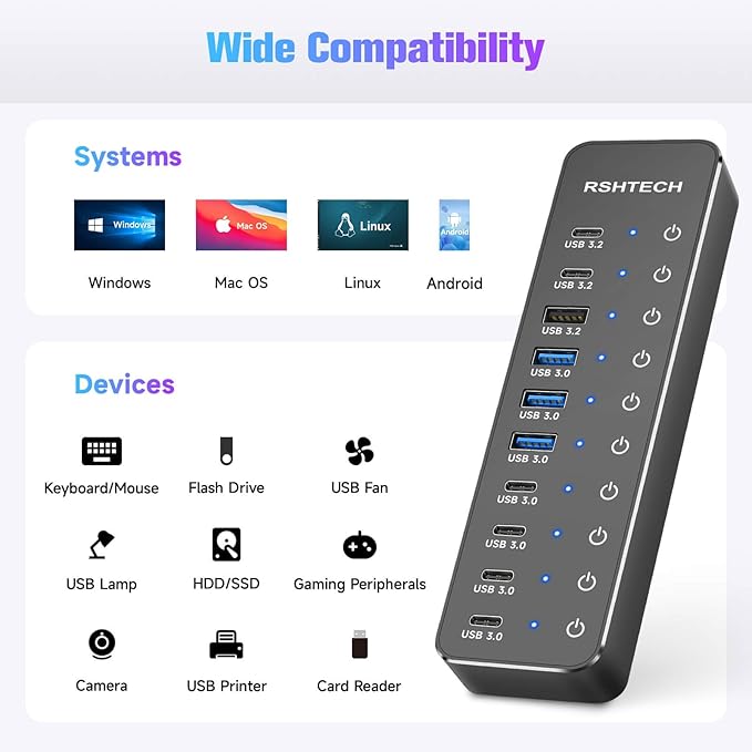 RSHTECH 10 Ports Powered USB 3.2/USB C Hub Splitter 60W with 3 x 10Gbps USB 3.2 Ports (2C + 1A)7 x USB 3.0 Ports (4C + 3A) 3.3ft Cable and Individual Touch Switches for Laptop PC