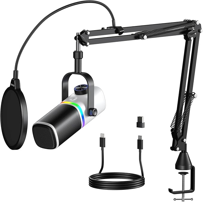 Aokeo AK-10 USB Gaming Microphone with mic arm Condenser Microphone for PC/MAC/PS4/PS5/Phone-Cardioid Mic with RGB Lighting（White）