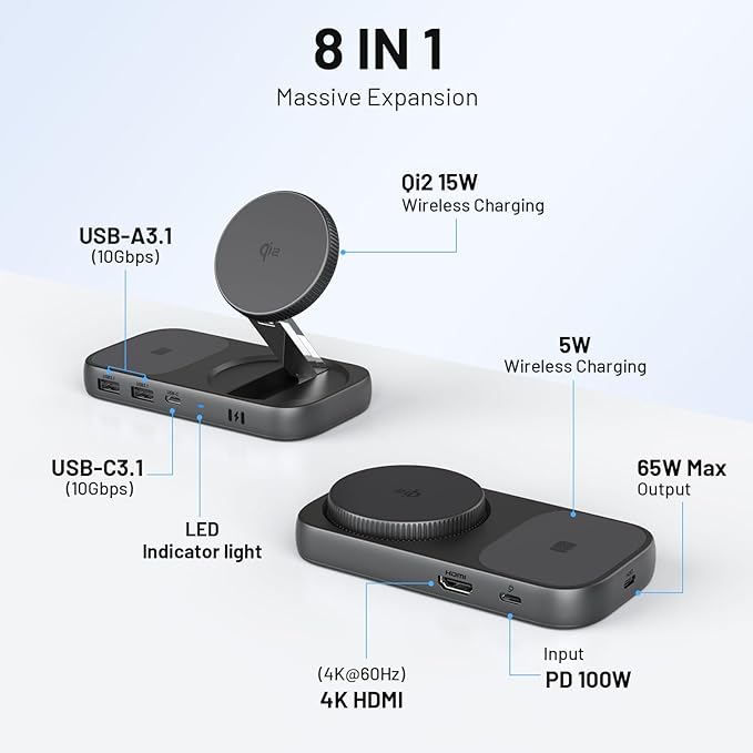 Selore USB C Hub with Wireless Charging for MacBook: 4K@60Hz HDMI 100W PD 15W Qi2 + 5W Wireless 10Gbps Ports iPhone Mirroring Docking Station &amp Magsafe Stand Space-Saving Desk Organizer(Black