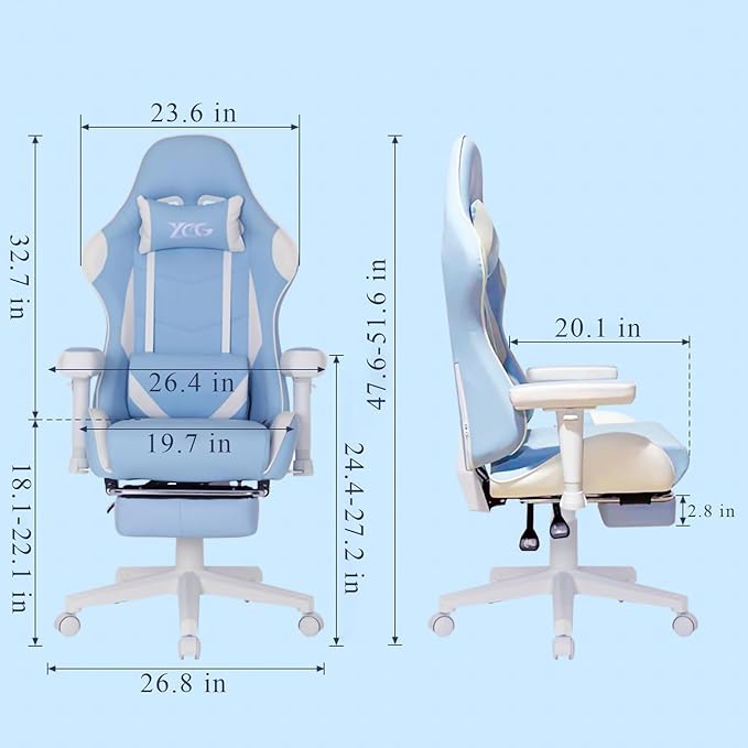 Comfy Ergonomic Gaming Chair with Footrest - Ultimate Comfort &amp Support for Home Office Gaming Neck &amp Lower Back Pain Relief Blue 26.8x20.1x51.6 in