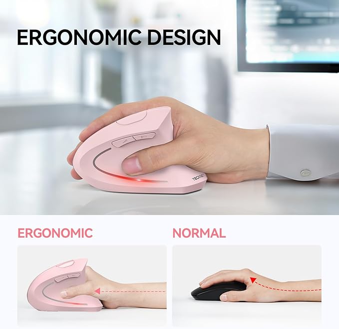 TECKNET Ergonomic Mouse Wireless Bluetooth Vertical Mouse 4800 DPI Optical Tracking 6 Adjustable DPI Quiet Clicks 2.4GHz with USB A Receiver 12 Months Battery 6 Buttons Wide Compatibility