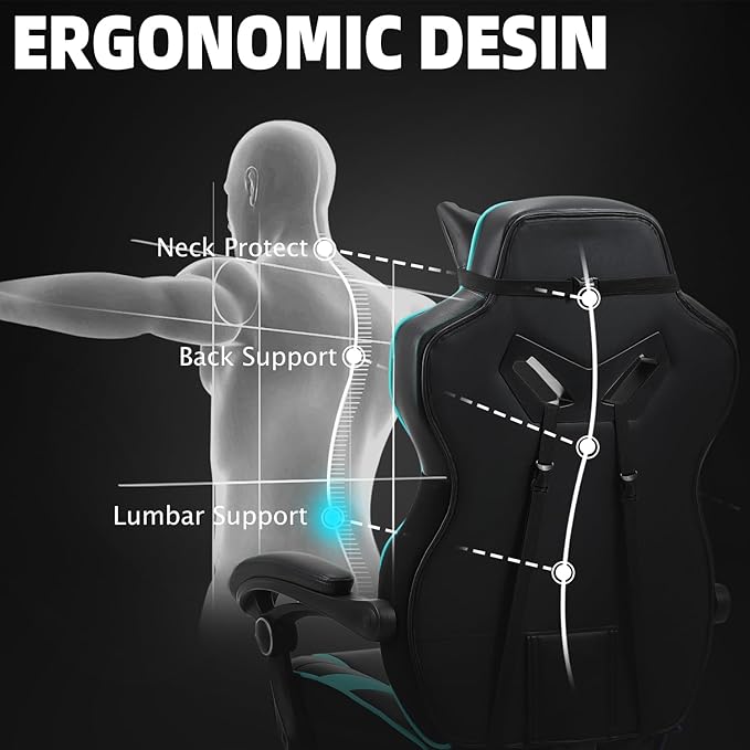 Vonesse Gaming Chair Big and Tall Gaming Chair with Footrest and Massage Gaming Chairs for Adults with Lumbar Support Ergonomic High Back Computer Chair with Pocket Spring Cushion (Cyan/Black)