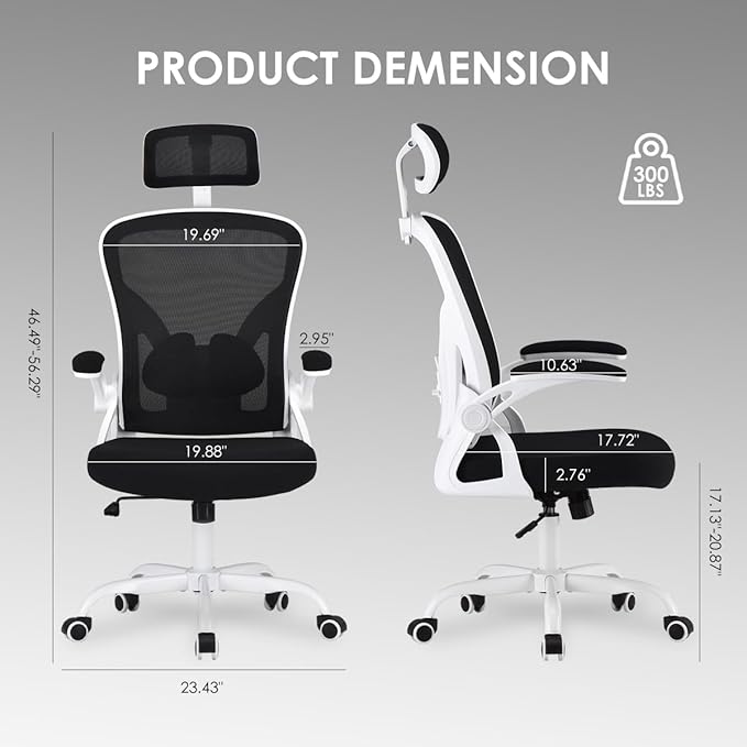 Ergonomic Office Chair with Adjustable Headrest and Flip-Up Armrests - High Back Mesh Computer Desk Chair with Lumbar Support for Home Office Gaming and Study (Black &amp White Model E)
