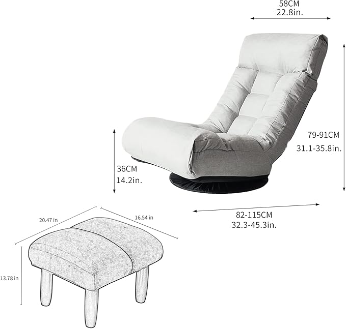 Yoglad Japanese Style Chaise Lounge Sofa 360-Degree Swivel Chair Floor Gaming Chair Lazy Sofa for Reading Game Meditating 3 Adjustable Positions with Comfortable Backrest (Gray+Ottoman)
