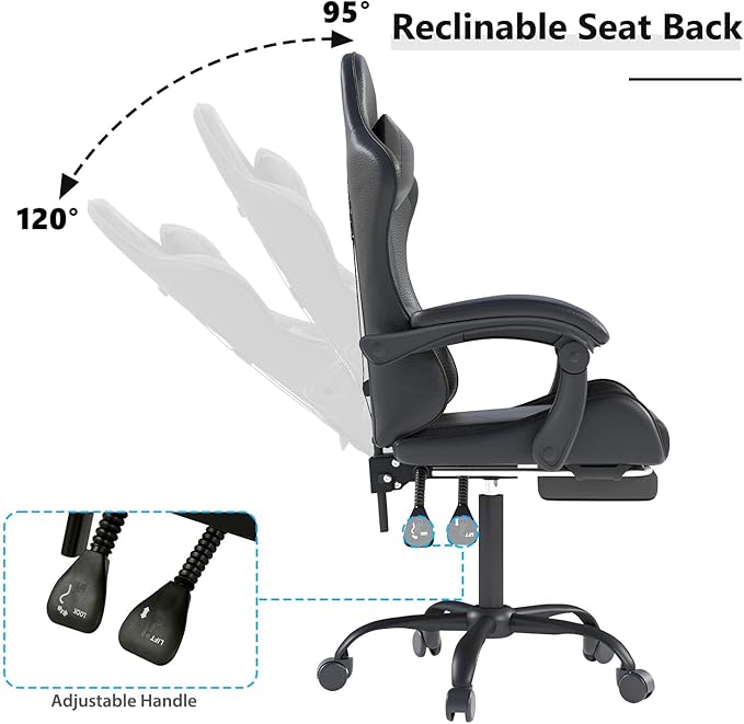 Gaming Chair with Headrest and Lumbar Support Ergonomic High Back Office Chair Racing Style Executive Computer Desk Chair Leather Adjustable Swivel Task Chair for Home Office (Black)