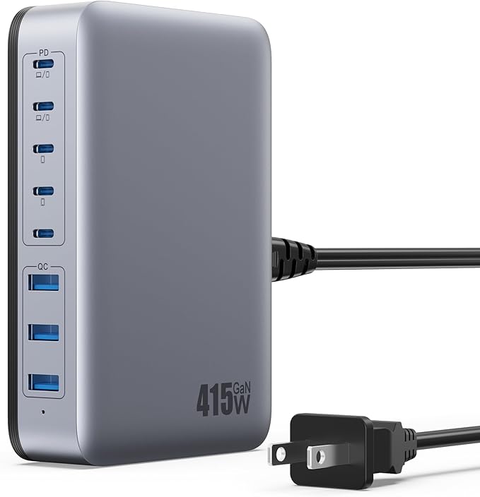 USB C Charger 415W USB C Charger Block 8-Ports GaN IV Fast Charging Station Hub Dual PD 100W Laptop Charger Adapterfor MacBook Pro/Air/iPad/iPhone16/15/14/Apple Watch/DELL/Samsung for Home Office