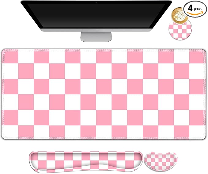 Pastel Pink White Checker Mouse Pad Set 4 in1 Ergonomics Keyboard Desk Mat with Memory Foam Wrist Rest Extended Game Mousepad Non-Slip Large Gaming Desk Pad Matt Easy Typing Pain Relief