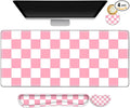 Pastel Pink White Checker Mouse Pad Set 4 in1 Ergonomics Keyboard Desk Mat with Memory Foam Wrist Rest Extended Game Mousepad Non-Slip Large Gaming Desk Pad Matt Easy Typing Pain Relief