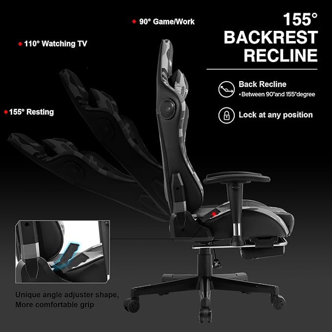 GTRACING Gaming Chair with Footrest Speakers Video Game Chair Bluetooth Music Heavy Duty Ergonomic Computer Office Desk Chair Camouflage