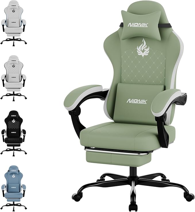 Gaming Chair with MassageErgonomic PC Gaming Chair Computer Chairs with Footrest Comfortable Headrest and Lumbar Support High Back GREENWHITE
