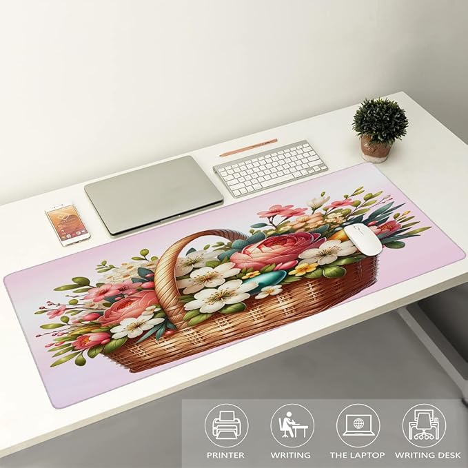 Pink White Flower Floral Large Mouse Pad Gaming Mousepad Desk Mat for Desktop Computer Keyboard Waterproof Mouse Mat Desk Pad with Non-Slip Base for Game School Office Home 35.4 x 15.7