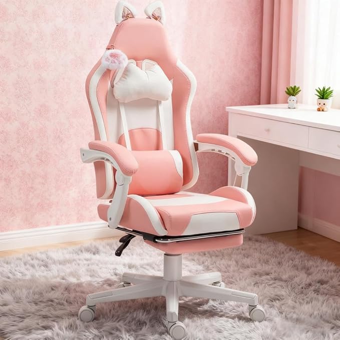 Cute Cat Ears Gaming Chair Girly Ergonomic Computer Chair with High Back 360° Swivel Office Computer Chair with Footrest and Paw Lumbar Cushion for Teens Girls Women (Pink White)