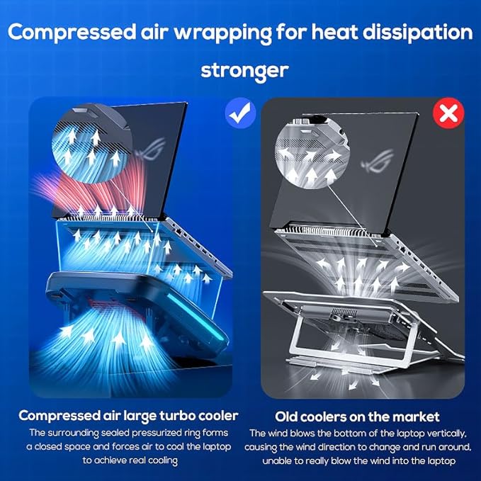 Gaming Laptop Cooler Turbo Fan Stand Compressed Air-Cooling Pad for Notebook 14-18” Advanced Seal Foam Heat Dissipation with RGB Lighting 7-Level Adjustment Dust Protection - Conquer Lag Stay Cool
