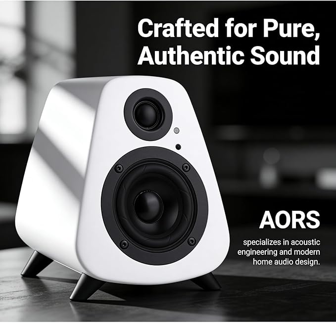 AS31 Active Bookshelf Speakers Bluetooth 5.3 2-Way Stereo PC Desktop 80W RMS/3-inch Bass/Midrange/RCA and Fiber Optic Inputs Wooden Compact High-Power Speakers - Matte Skin White