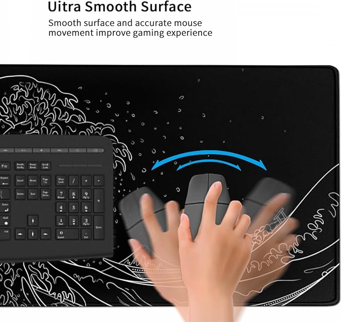 AQQA Extra Large 48 x 24 Japanese Sea Wave Mouse Pad Anime Black Waterproof Desk Pad Non Slip Rubber Base Mousepad with Stitched Edges for Work Game Office Home(Black XXXX-Large)