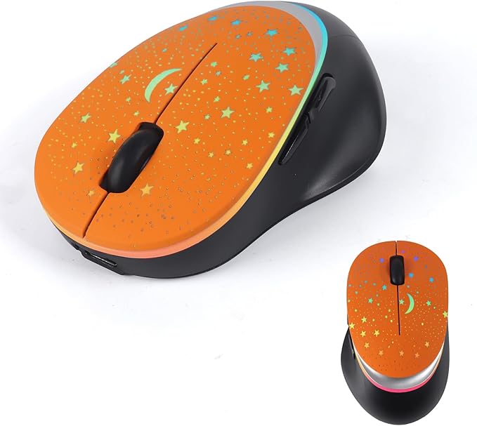 elec Space Bluetooth Wireless Mouse with Starry Sky RGB Backlight - Ergonomic Dual Mode Rechargeable Mouse Type-C Charging - Perfect for Office Gaming &amp Travel (Orange)