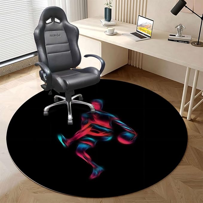 Black Red PU Leather Gaming Chair Mat Under Computer Desk Basketball Player Silhouette Round Office Chair Mats Home Rolling Gaming Chair Mat Doodle Style Art Diameter 35.4 in