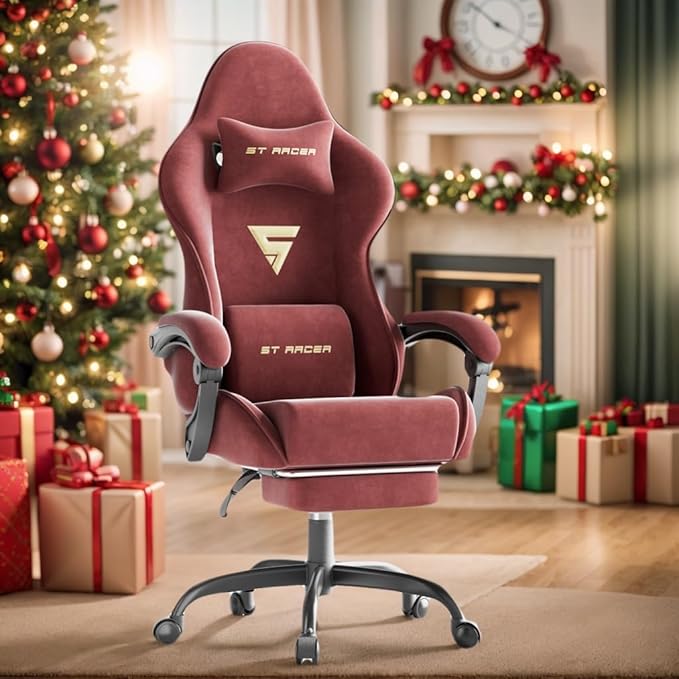 Soontrans Ergonomic Velvet Fabric Gaming Chair with Footrest Comfortable Video Gamer Chair for Adult Reclining Ergonomic Office Computer Desk Game Chairs with Massage Lumbar CushionHeadrest