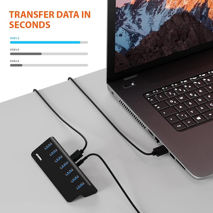 Achoro 7 Ports Powered USB HUB – 2nd Generation 10GB Super Speed External USB Port – USB 3.2 Aluminium USB Hub for Computer Mac PCs Smartphone &amp Tablets – Computer Multiple USB Hub (Powered Bla