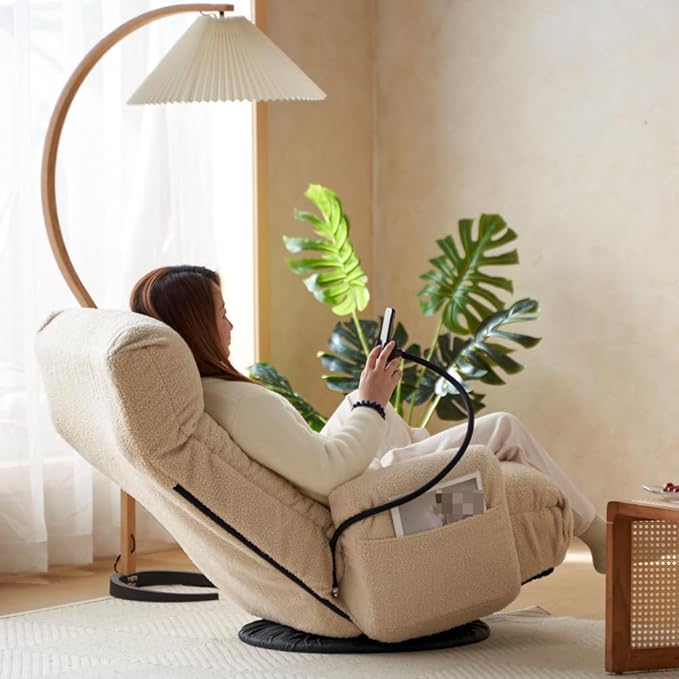 360° Swivel Lounge Chair with Adjustable Headrest &amp Lumbar Support – Rotatable Modern Gaming Recliner for Living Room Bedroom or Balcony (Beige)