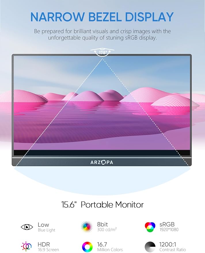 ARZOPA Portable Monitor &amp Sleeve 15.6'' 1080P FHD Laptop Monitor &amp PU Sleeve Bag Combination