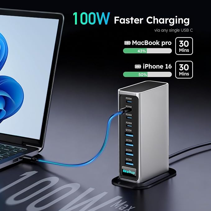 520W USB C Charging Station 8-Port GaN Fast Type C Charger Block Wall Charger Multiport Desktop Power Hub for MacBook Pro MacBook Air iPhone 16/15 iPad Samsung