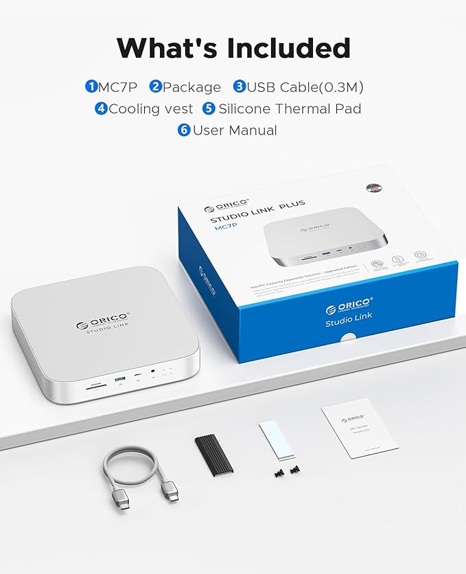 ORICO StudioLink Mac mini Hub with SSD Enclosure &amp 7-in-1 Ports | NVMe/SATA M.2 SSD Dock for Mac mini M1/M2/Mac Studio | 10Gbps USB-C SD/TF Card Reader 3.5mm Audio Aluminum Alloy