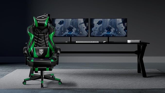 Vonesse Gaming Chair Big and Tall Gaming Chair with Footrest and Massage Gaming Chairs for Adults with Lumbar Support Ergonomic High Back Computer Chair with Pocket Spring Cushion (Green/Black)