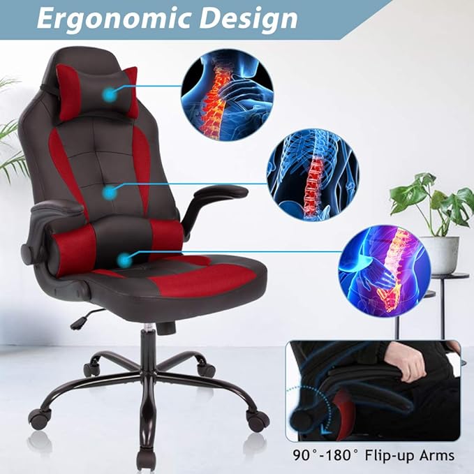 Red Gaming Chair Ergonomic High Back Executive Office Chair with Flip-Up Arms Adjustable Height PU Leather 300 lbs Weight Capacity