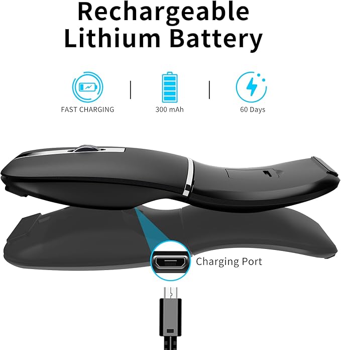 ACOZYKITTEN Arc Bluetooth Mouse Ultra-Thin Rechargeable Rotating Wireless Mice Dual Mode (BT5.0/3.0+2.4G) Portable Travel Arc Mouse Suitable for Laptop PC Mac Tablet iPad - Black