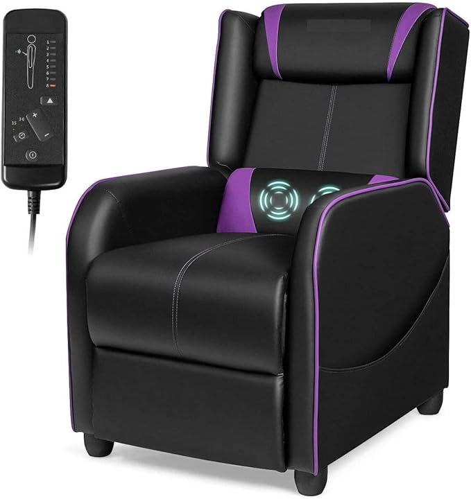 LDAILY Massage Recliner Chair Racing Style Gaming Chair w/Massage Lumbar Cushion Footrest &amp Headrest Ergonomic PU Leather Single Recliner Sofa for Living Room Home Office (Purple)