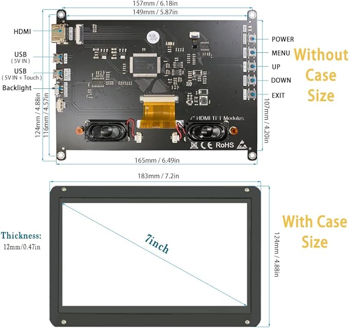 7 inch Raspberry Pi Monitor Touchscreen with Case Touch Display 7 inch LCD Screen 1024x600 IPS Small HDMI Monitor Speakers for Win Driver Free