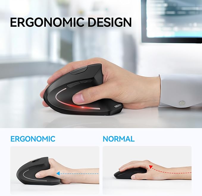TECKNET Ergonomic Mouse Wireless Bluetooth Vertical Mouse 4800 DPI Optical Tracking 6 Adjustable DPI Quiet Clicks 2.4GHz with USB A Receiver 12 Months Battery 6 Buttons Wide Compatibility